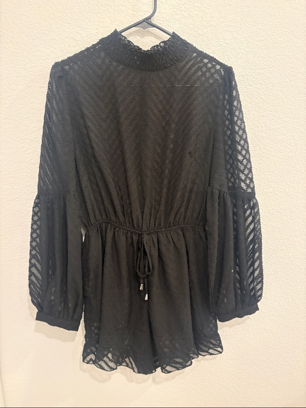 Fashion Nova Black Sheer Lace Smocked-Neck Romper